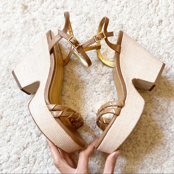 Kate Spade Tan Metallic Gold Straw Block Platform Wedge Sandals Size 7.5 - Picture 4 of 11